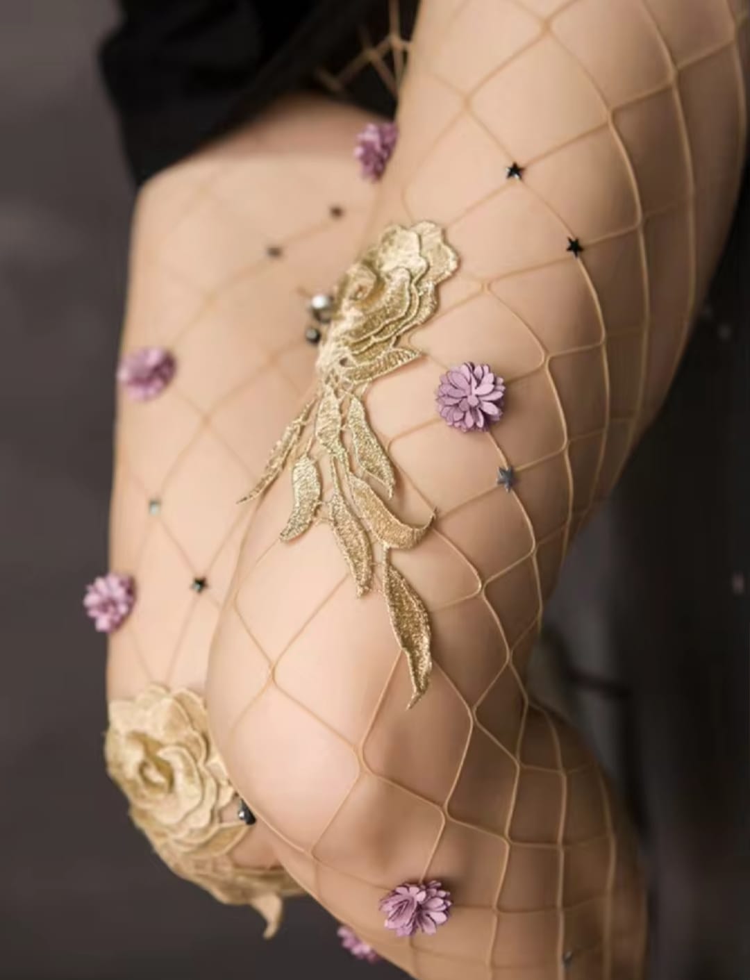 Women’s Nude Floral Embroidered Fishnet Tights – Sheer Mesh Stockings with 3D Flower & Star Details